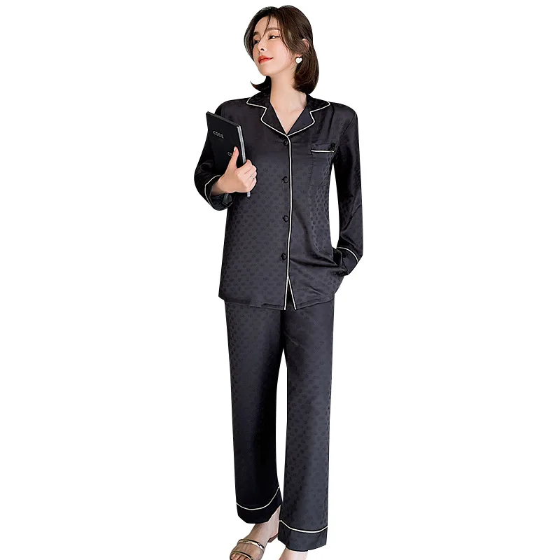 

Sleepwear Women Pajamas Suit Casual Satin Printed 2PCS Shirt&Pants Long Sleeve Home Clothes Nightwear Couple Intimate Lingerie