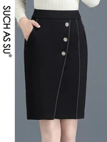 such as su new quality womens black pencil skirt 2022 button high waist knee length s 3xl size female ol office skirt