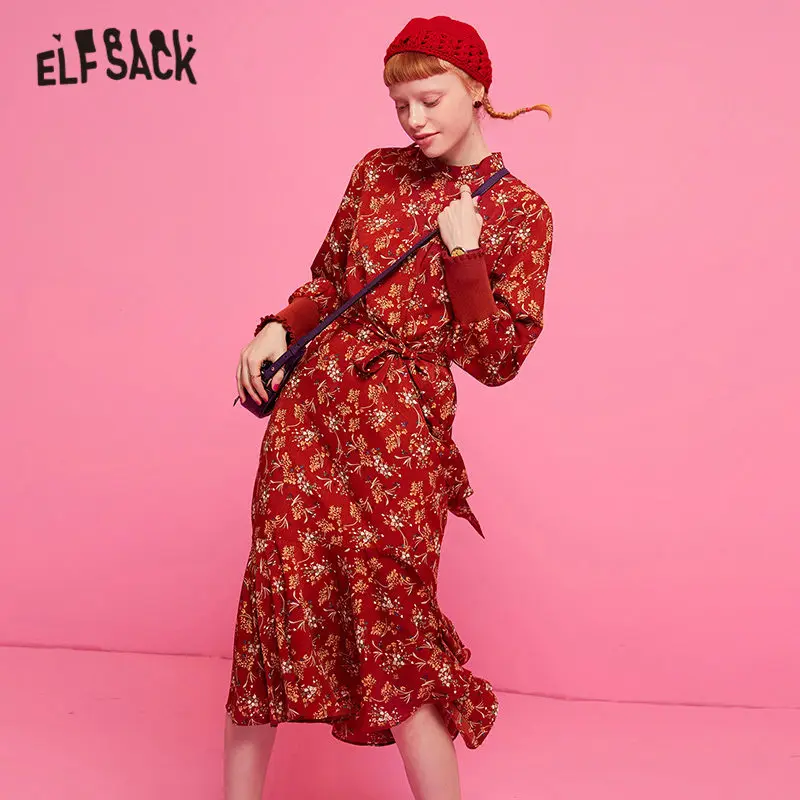 ELFSACK цветочный принт оборки бохо женские платья осень 2019 с поясом жабо пэчворк