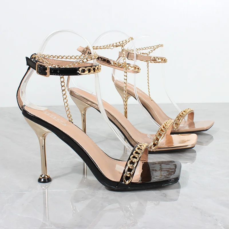 

MS Women's Sandals 2023 Summer New One Word With Open Toe Chain Decorative Buckle High-heeled Sandals Fashion Sexy Women Shoes