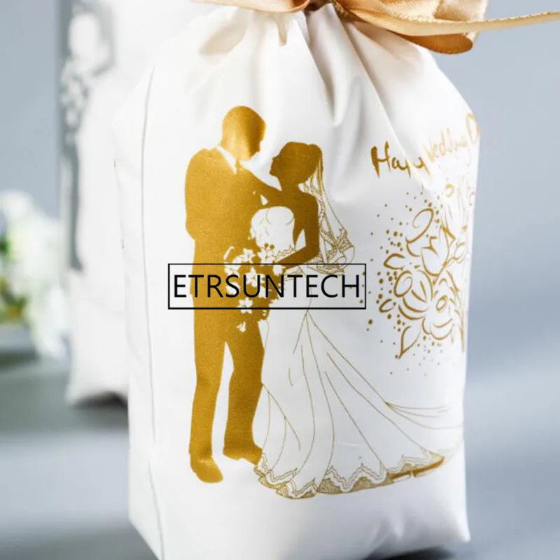 1000 шт Милое Свадебное платье сумки из шелкового шнурка золотые и серебряные