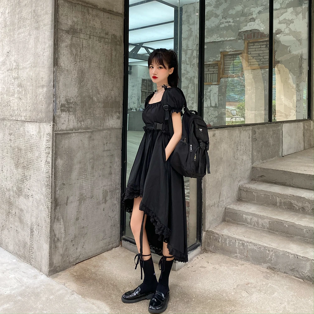 

Women French Style Waist Gathered Dress Sexy Square Neck Short Sleeve Dress Irregular Lace Dress With Belt And Two Side Pocket