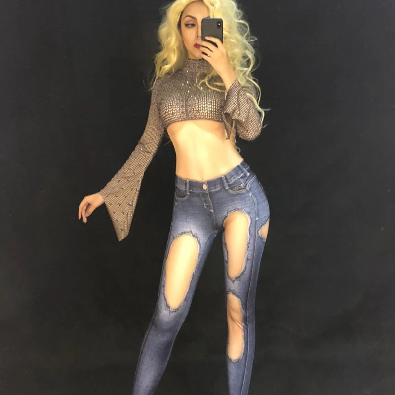 Комбинезон женский джинсовый с 3D-принтом пикантное боди стразы костюм для
