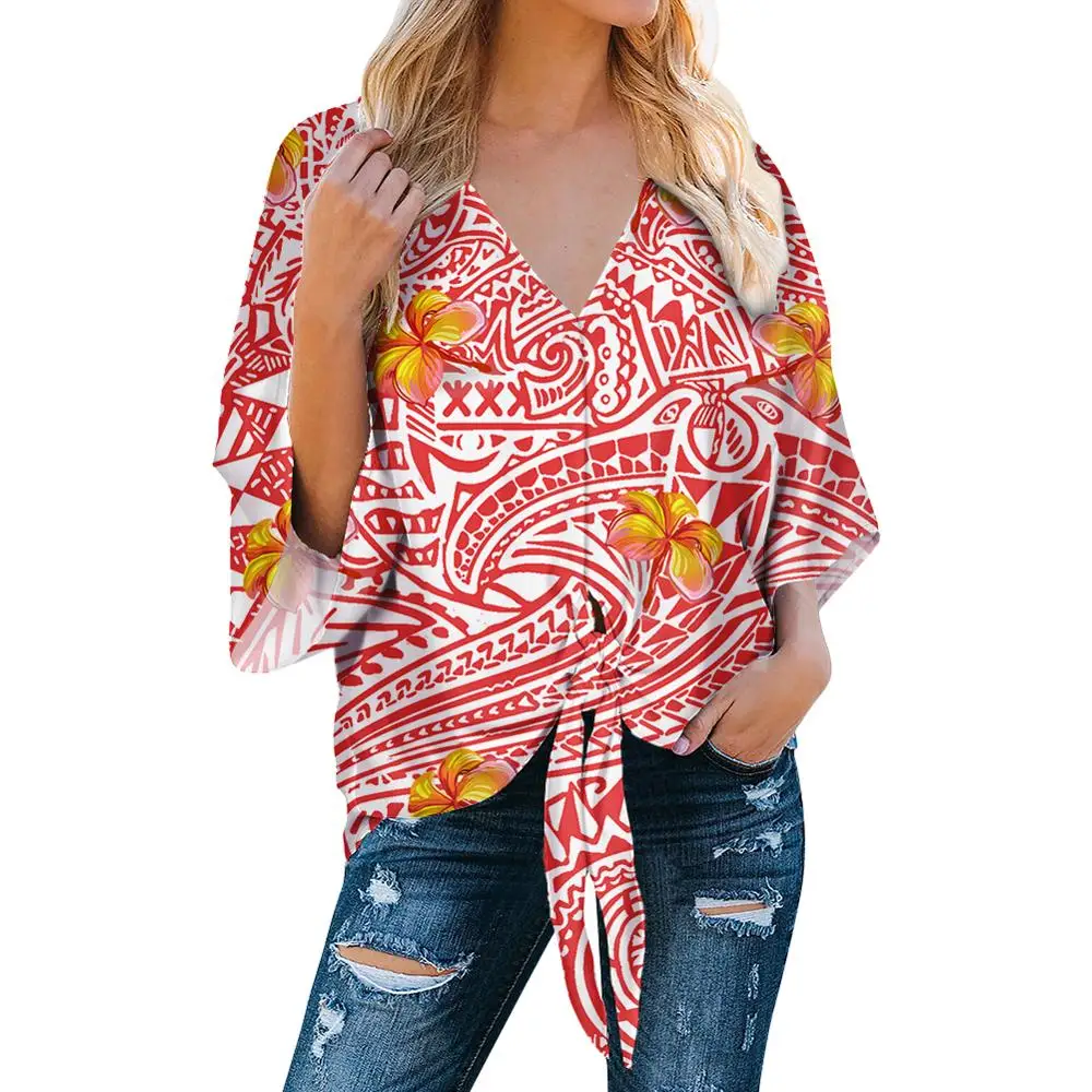 Promotional Polynesian Traditional Tribal Print Women Chiffon Tops Shirt Exclusive Printed Chiffon For Ladies Chiffon Blouses