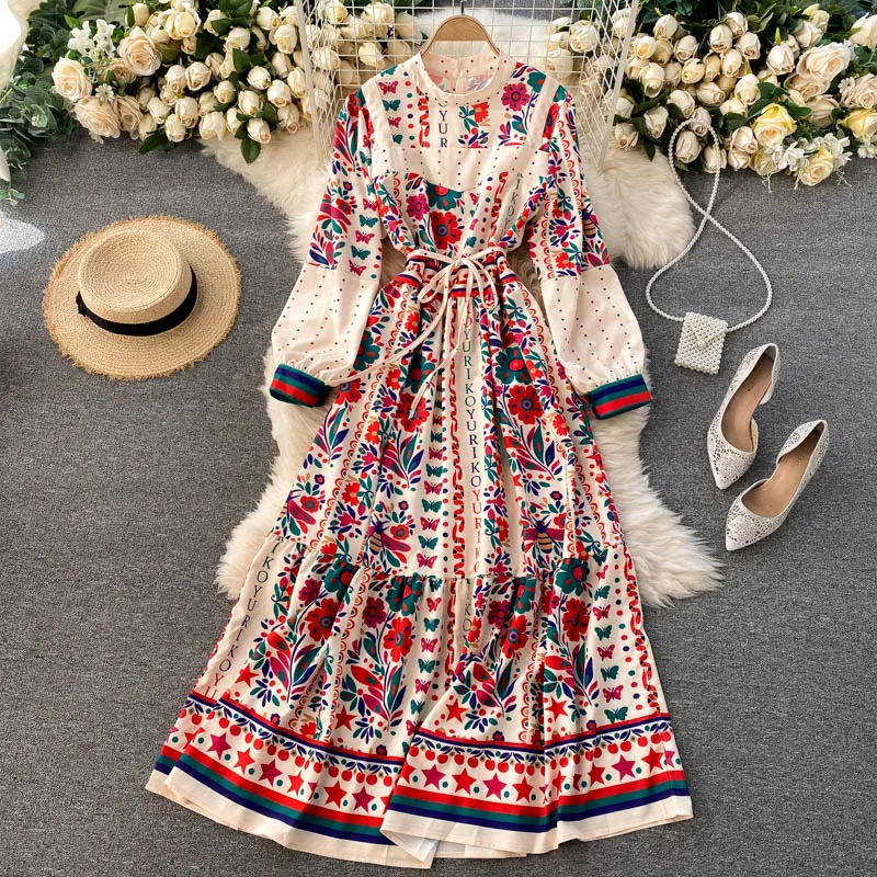 

Lady New Fashion Court Long A-line Dress 2020 Women Autumn Winter Round Collar Retro Print Long Sleeve Elegant Vestidos Q481