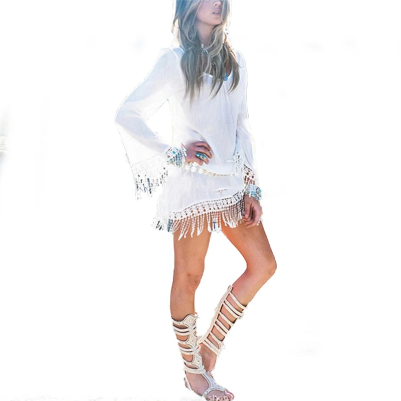 Женское мини платье с кисточками Boho осенние модные сексуальные шифоновые