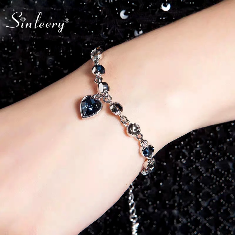 

SINLEERY Charm Blue Crystal Heart Pendant Bracelet Chain For Women Silver Color Jewelry Valentine's Day Gift SL241 SSA