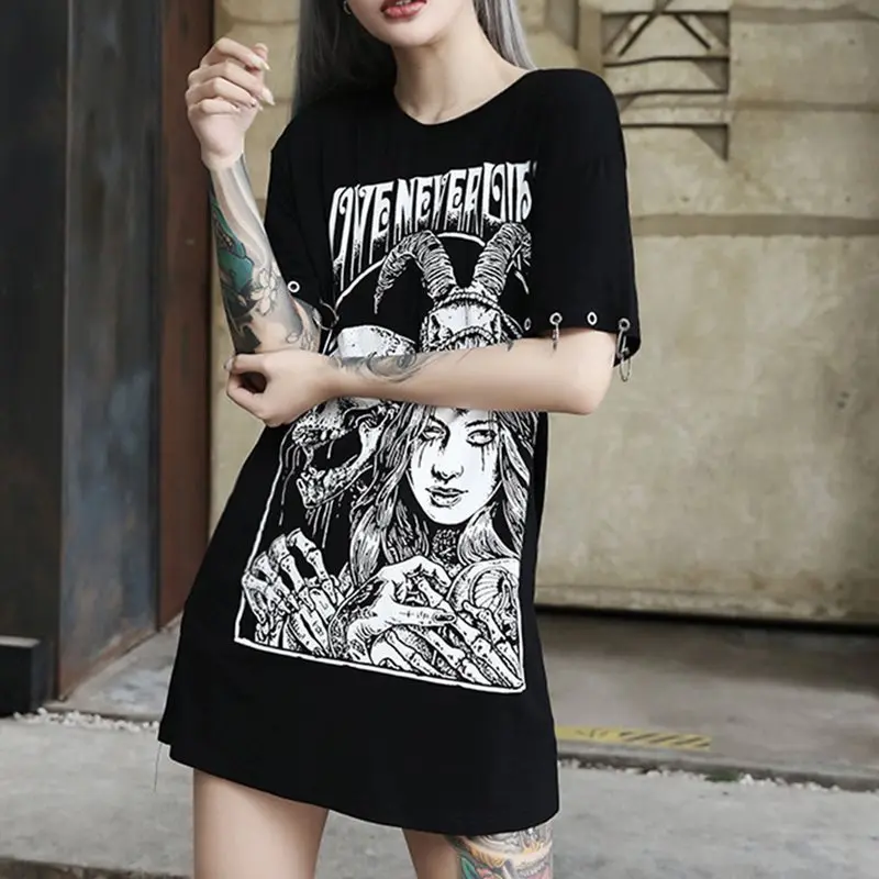Футболка с принтом букв Таро женские готические черные панк топы в готическом
