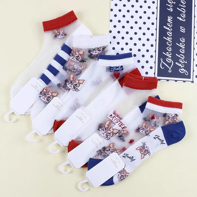 

5 Pairs/Lot Crystal Silk Socks Summer Women Cute Cat Fruit Print Socks Transparent Lace Girls Elastic Ankle Socks