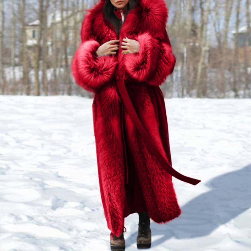 Sungtin Winter Warm Long Faux Fox Fur Coat Women with Belt Collar Lapel Casual Thick Jacket Female 5XL Fashion Clothing Chic | Женская