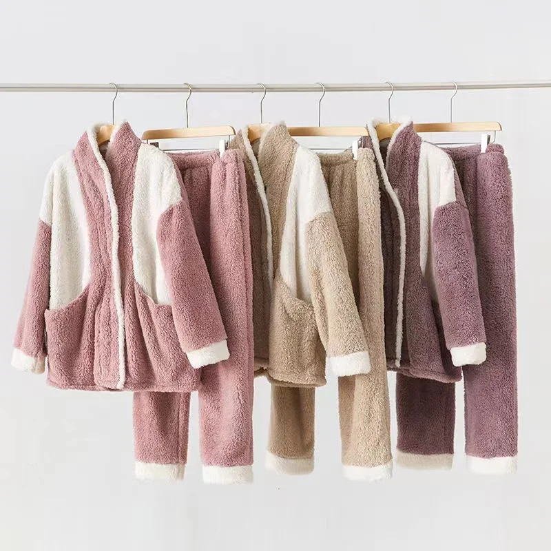 Winter Thick Warm Pajamas Sets For Women Coral Fleece 2 Pieces/Set Sleepwear Casual Loose Loungewear Homewear Home Suit
