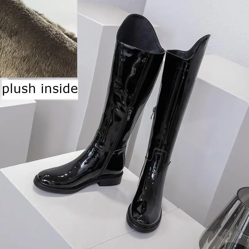 plush inside ALLBITEFO/женские сапоги без застежки из натуральной кожи; Простые Стильные длинные сапоги для отдыха; удобные зимние сапоги до колена для девочек - Цвет: plush inside