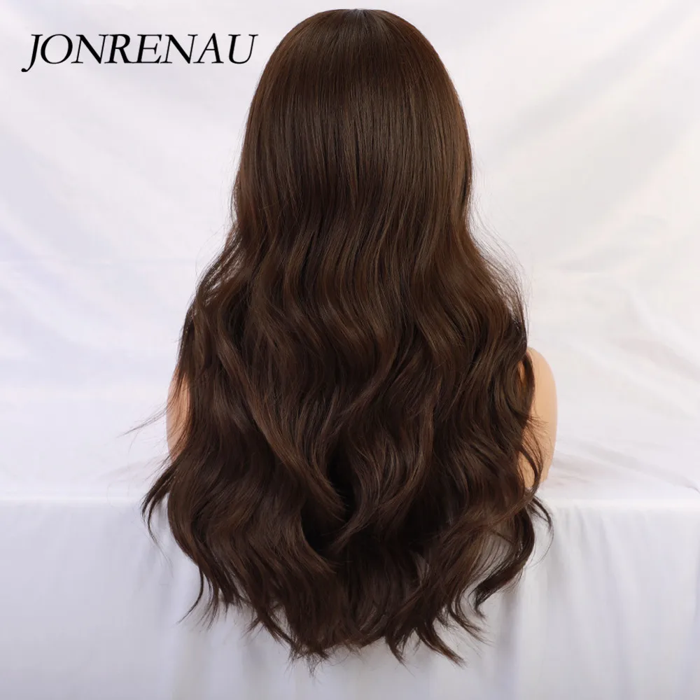 

JONRENAU Light Brown Dark Root Long Synthetic Natural Wave Wigs with Neat Bangs for White/Black Women Party Wear