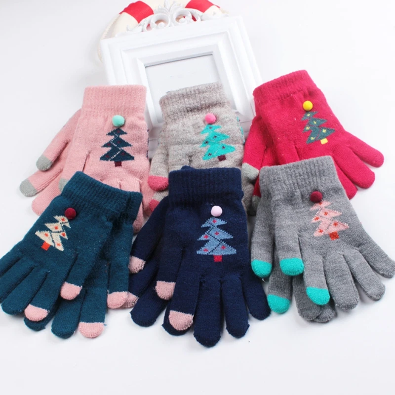 

Детские Рождественские вязаные перчатки с пальцами, мультяшная Рождественская елка, жаккардовые теплые плюшевые варежки с подкладкой, зим...