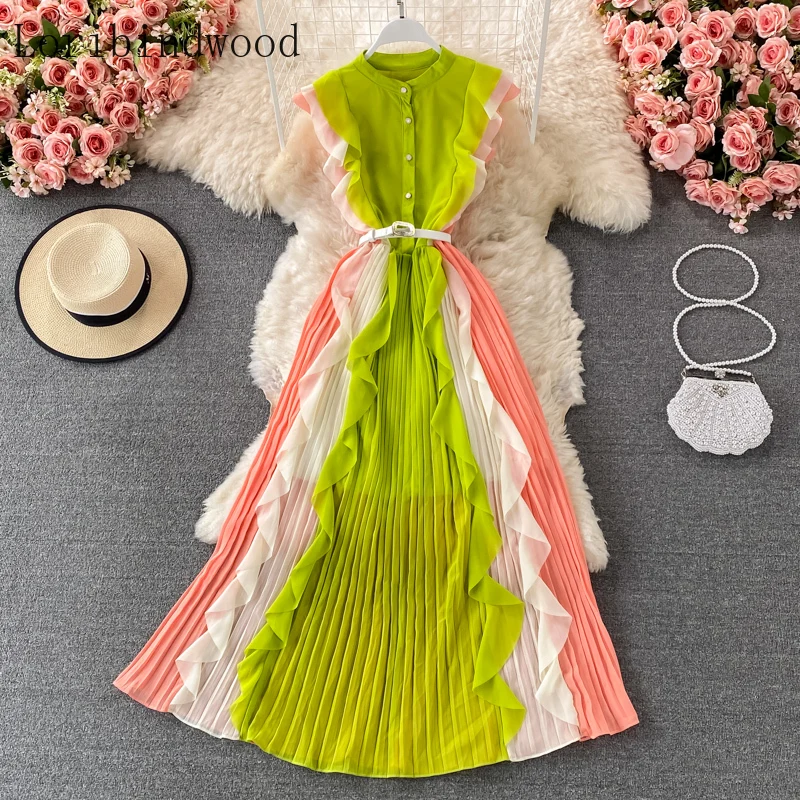 

2021 летнее женское Плиссированное шифоновое платье без рукавов со стоячим поясом, женское контрастное Плиссированное пляжное макси платье