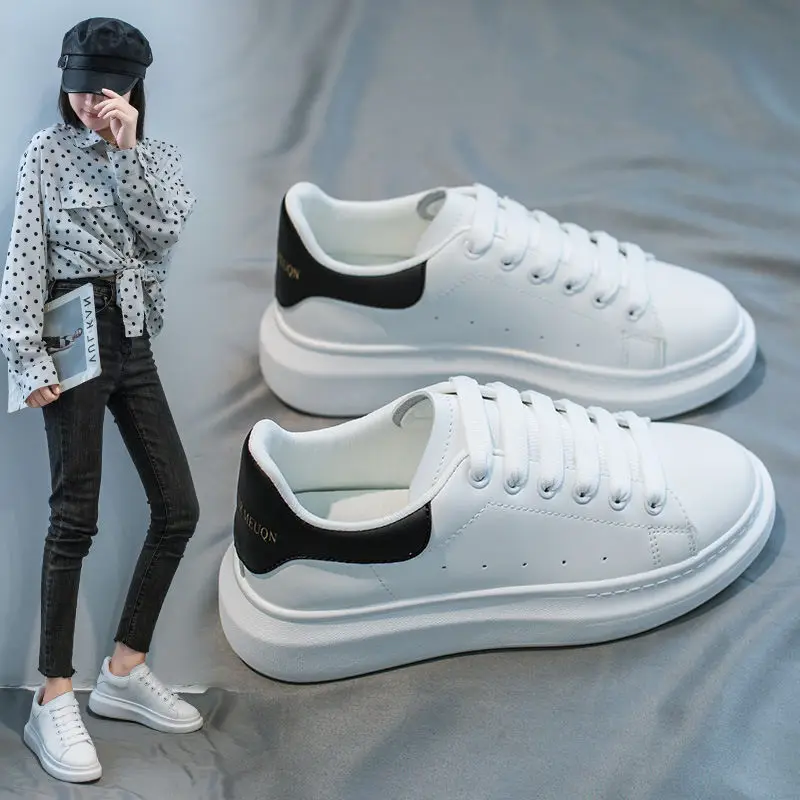 

Leather Platform Sneakers Women Vulcanize Shoes Casual White Sneaker Shoes Ladies Flats Lace-up Walking Trainers Zapatos Mujer