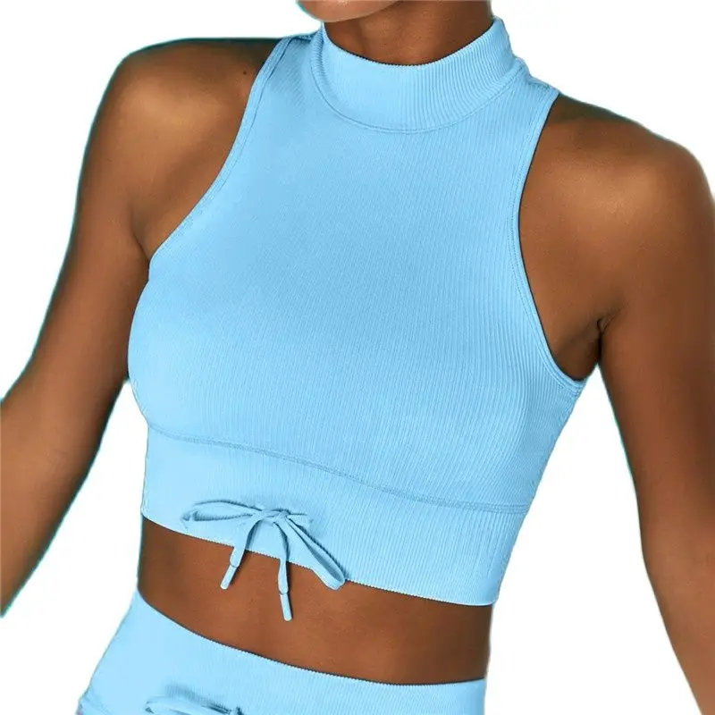 

Женские спортивные бюстгальтеры для йоги бега тренажерного зала фитнеса ярких цветов с высокой горловиной бесшовный присборенный жилет уд...