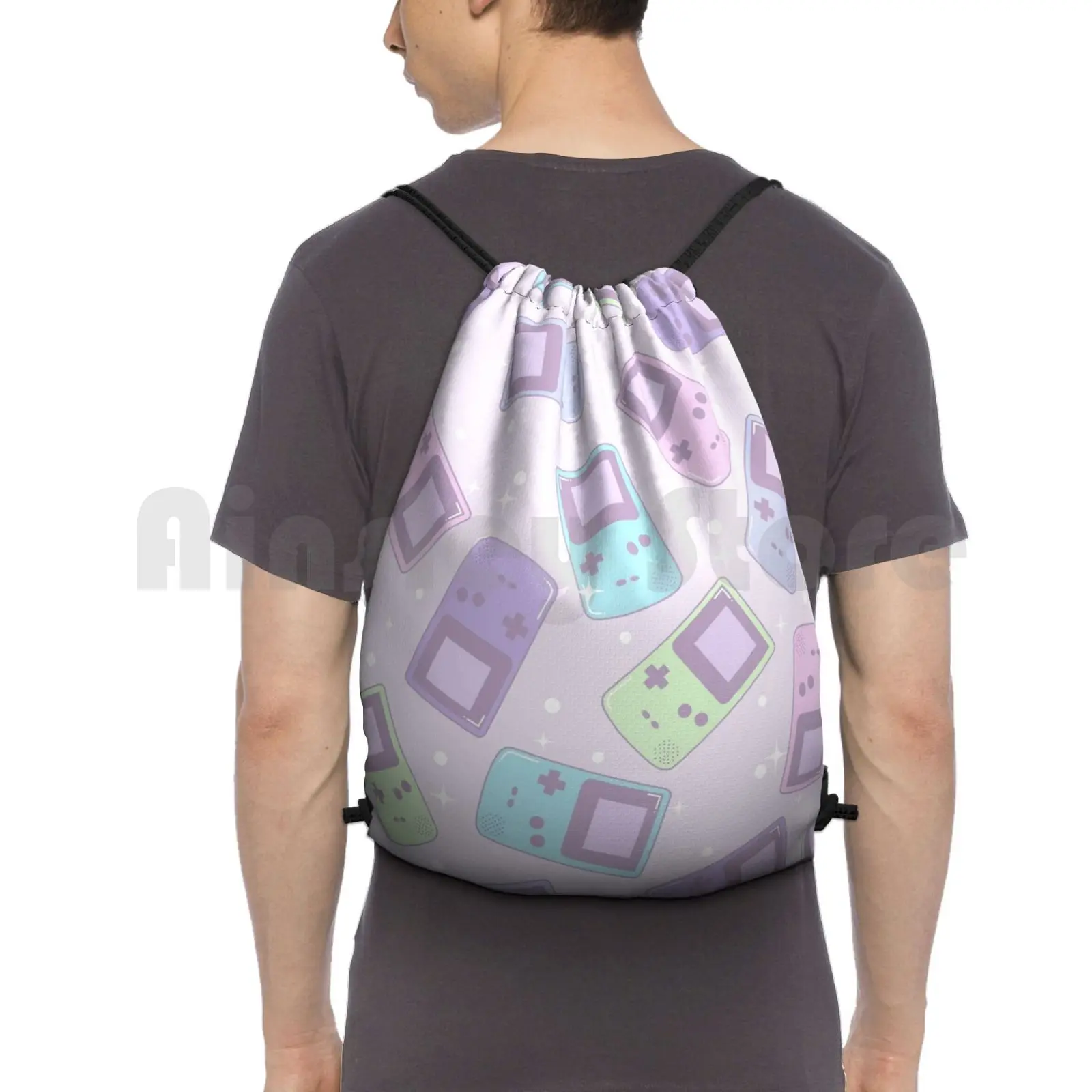 

Kawaii Cute Pastel Gameboy Gamer Pattern Backpack Drawstring Bag Riding Climbing Gym Bag Gamer Gamer Girl Games Nintendo