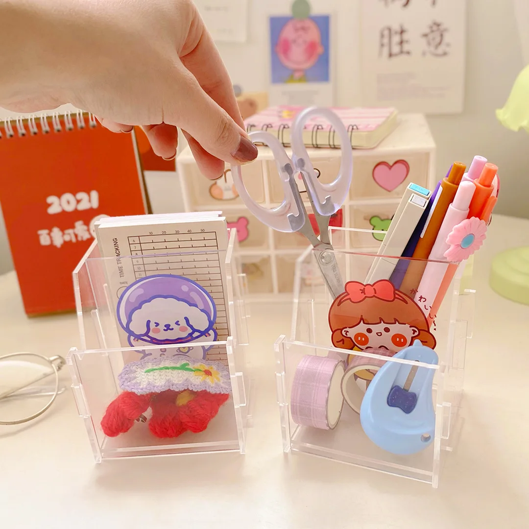 Suporte de Caneta de Acrílico Bolsala de Armazenamento de Desenho Animado com Suporte para Celular Caixa de Armazenamento para Decoração Milkjoy Transparente