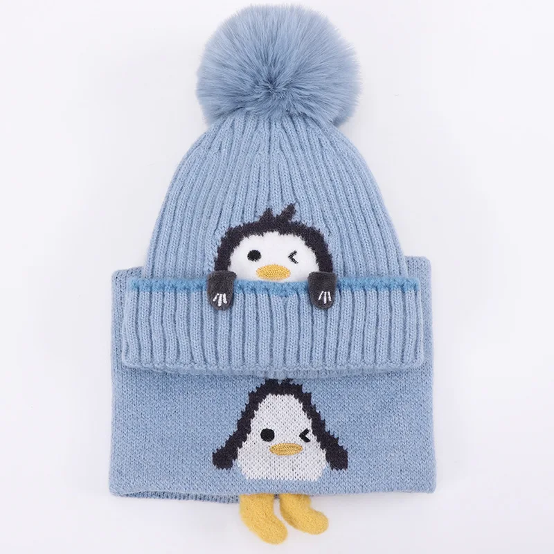 Baby Knitted Hat Scarf Set Autumn Winter Keep Warm Thicken Cap For Girls Boys Cute Cartoon Penguin Caps Beanies Scarf Baby Stuff images - 6