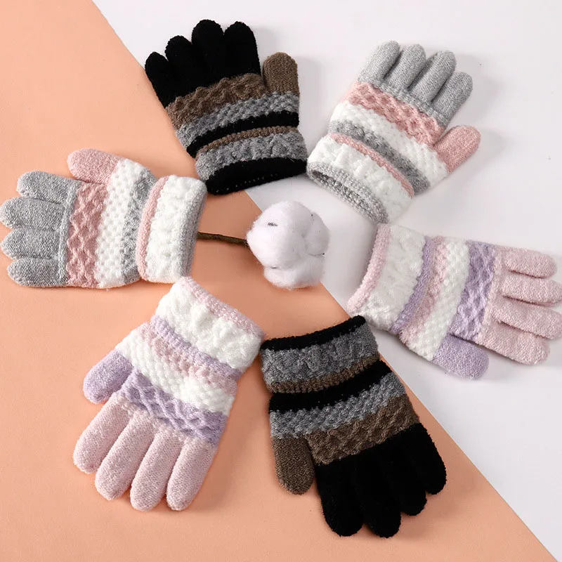 

1Pair Children Knitted Gloves Soft Striped Full Finger Mittens Thick Baby Kids Girls Boys Autumn Winter Warm Gloves