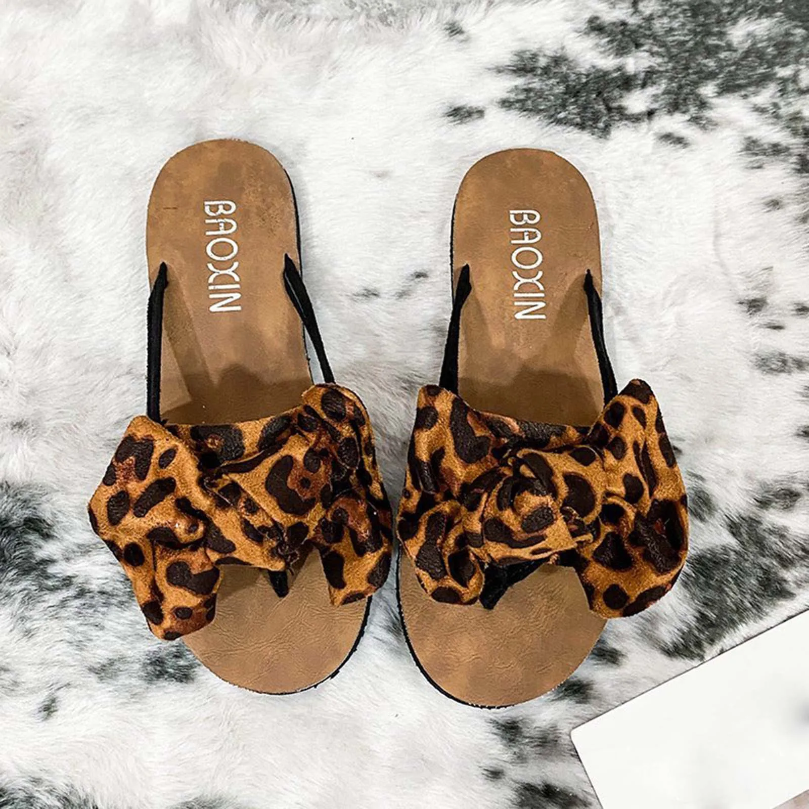 

Women's Slipper Casual Fashion Flip Flops Leopard Print Suede Bow Flat Beach Shoes Casual Shoes Summer Women Chaussure Femme