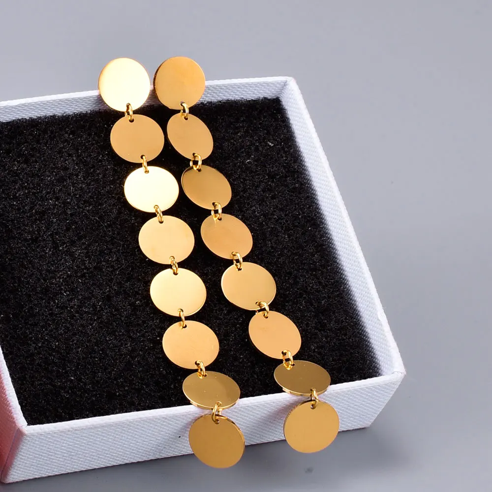 

Wholesale E77 Long Mist Gold Drawing Wafer Geometric Exaggerated Stud Earrings Titanium Steel Plated Costume Fashion Gift