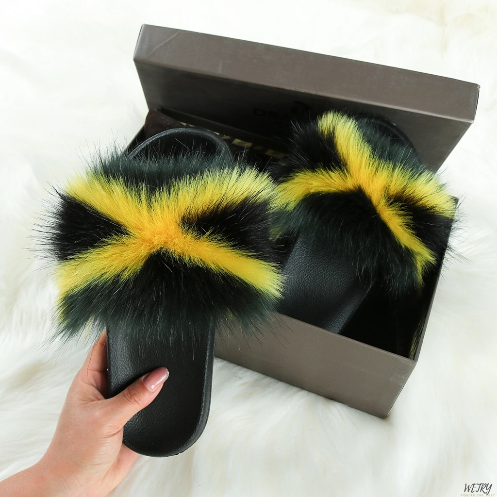 

Summer Fluffy Fur Slippers Women Faux Fox Fur Slides Mixed Fuzzy Flat Fur Sandals Indoor Slippers Lady Fur Flip Flops Plush Shoe