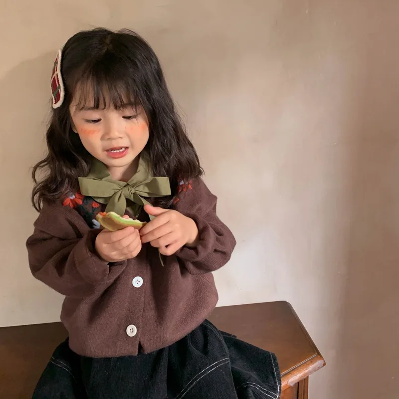 

New Autumn 2021 Korean Girls' Embroidered Sweater Baby Girl Cardigan Coats Children's Flower Long-sleeved Jacket Knitted Coats