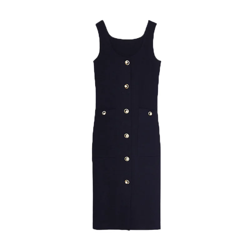 

designer's custom banquet round neck texture double pockets small black dress with strap and slim dress on both sides