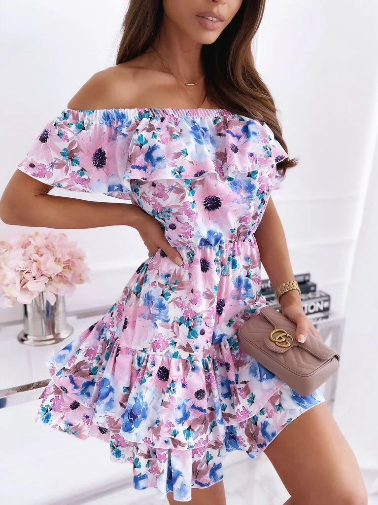 

Women Sexy Casual Mini Dress Off The Shoulder Slash Neck Print Floral Slim High Waist Ruffles Daily Travel Go Shopping Vestidos
