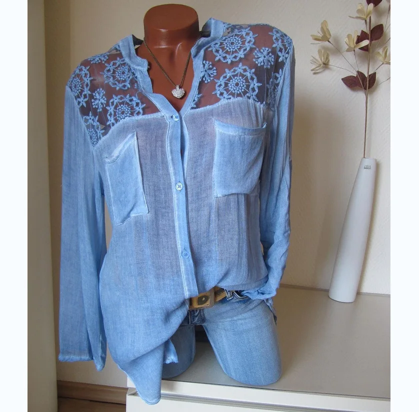 Женские топы и блузки больших размеров 5XL кружевные лоскутные Женские повседневные сексуальные белые черные рубашки с длинными рукавами Топы женские блузки летние