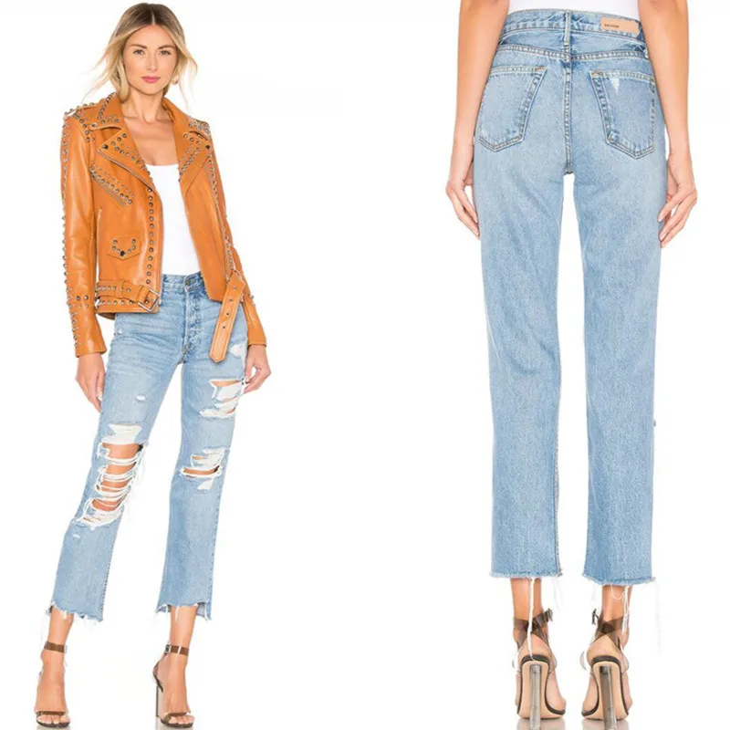 

Женские джинсовые брюки, весна-лето 2021, джинсы с высокой талией, укороченные, с большим вырезом, с необработанными краями