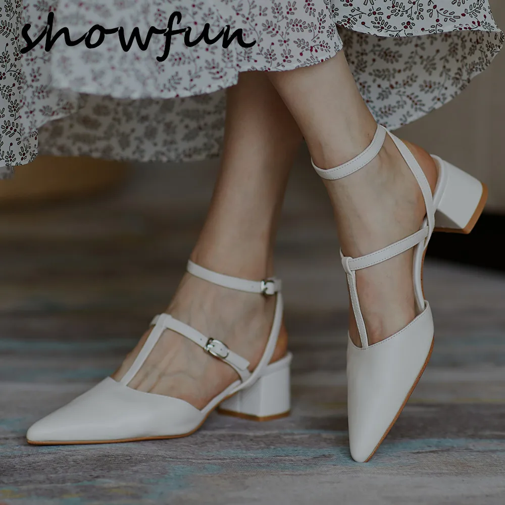 

Women's genuine leather t-strap ankle buckle mary jane thick high heel sandals pointed toe elegant ladies slim dress pumps shoes