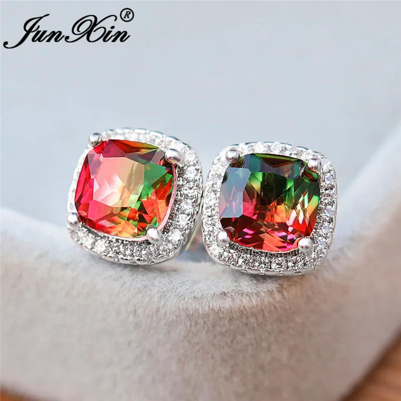 Женские квадратные серьги Мистик Радуга огненный кристалл принцесса белые