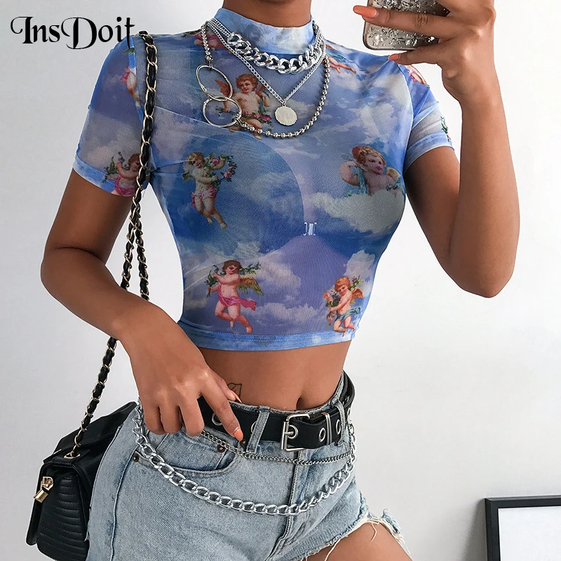 

InsDoit Harajuku Sexy Mesh Angel Print Blue T Shirt Women Goth Summer Streetwear Short Sleeve Crop Top Punk Fashion Basic Tops