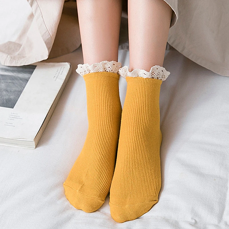 

Women's Ruffle Socks Vintage Girl's Socks Simple Solid Color Socks Korean Style Women's Long Socks Kawaii Happy Funny Socks