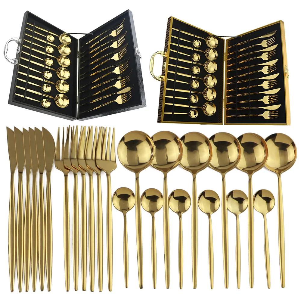 24 Uds juego de vajilla oro 18/10 cubiertos acero inoxible cuchillo tenedor cuchar|Наборы столовых приборов| |