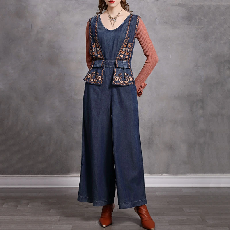 

SeeBeautiful Simple V-neck Embroidery Stitching Large Size High Waist Denim Jumpsuit Woman Summer 2022 New Fashion T386
