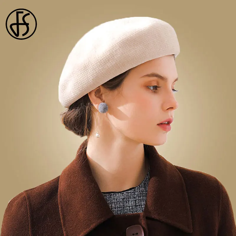 Beige Berets FS, зимние однотонные шерстяные береты, шапки для женщин, французская шапка для девочек, осенне-зимние береты, шапка бини, плоская шапка, фетровая, Berret Femme - Цвет: Beige Berets