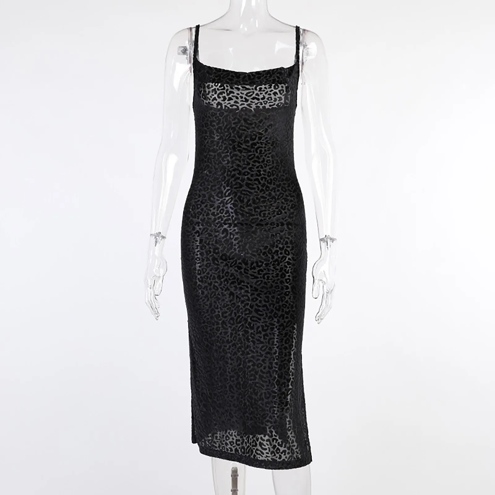 

Summer Casual Maxi Dress Women Gothic Leopard Print Spaghetti Strap Dresses Female Party Split Fork Slim Punk Dress#35