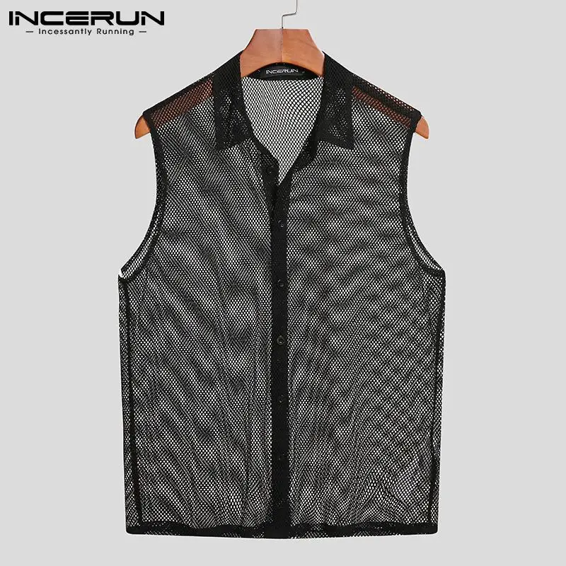 

2022 Men Mesh Shirt See Through Lapel Sleeveless Streetwear Casual Tops Button Party Nightclub Sexy Camisa Masculina 5XL INCERUN