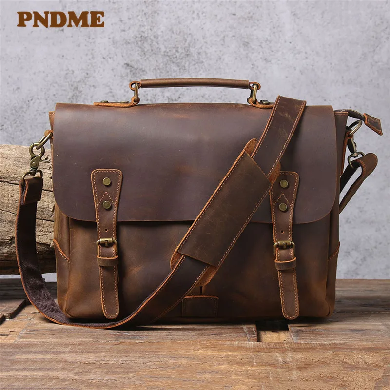 PNDME natural genuine leather men's briefcase retro crazy horse cowhide handbag fashion work laptop shoulder messenger bags