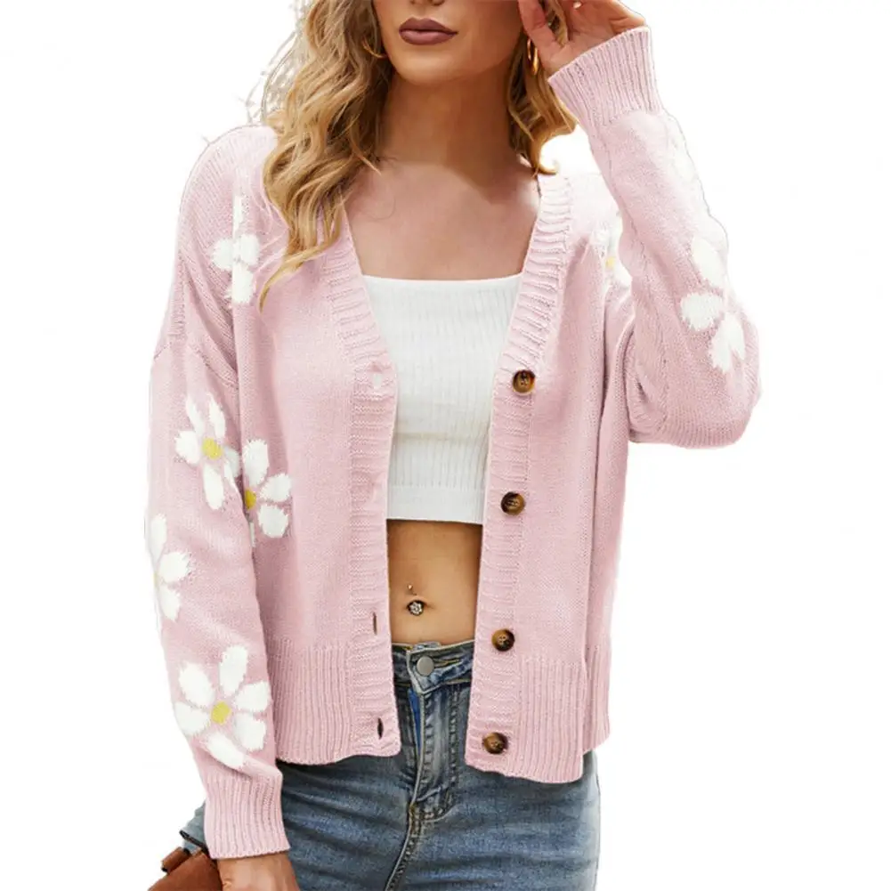 

Women Cardigan Knitted Loose Sweater Floral Pattern V Neck Autumn Winter Single Breasted Long Sleeve Coat Casual Top Streetwear