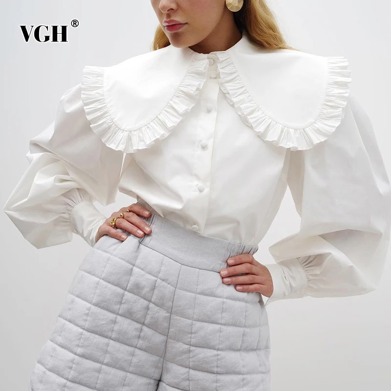 

Женские повседневные рубашки с воротником «Питер Пэн» VGH, белые прямые повседневные минималистичные блузки с длинными рукавами-фонариками ...