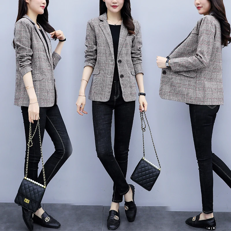 Fashion Fall Women Plaid Blazer Jackets Work Office Ladies Suit Vintage Single Breasted Pockets Business Female Blazer Coat New