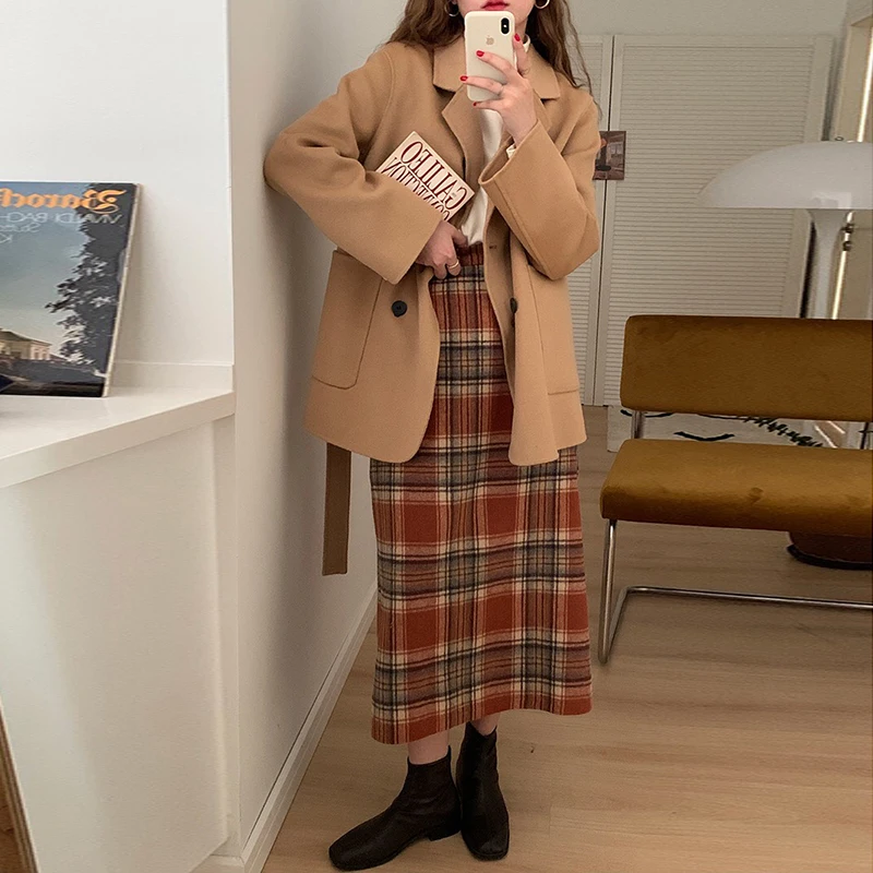 

Dabourfeel Compound Wool French Elegant Skirt Vintage Autumn New Plaid Straight Women Mid-calf Office Lady Zipper Natural Skirts