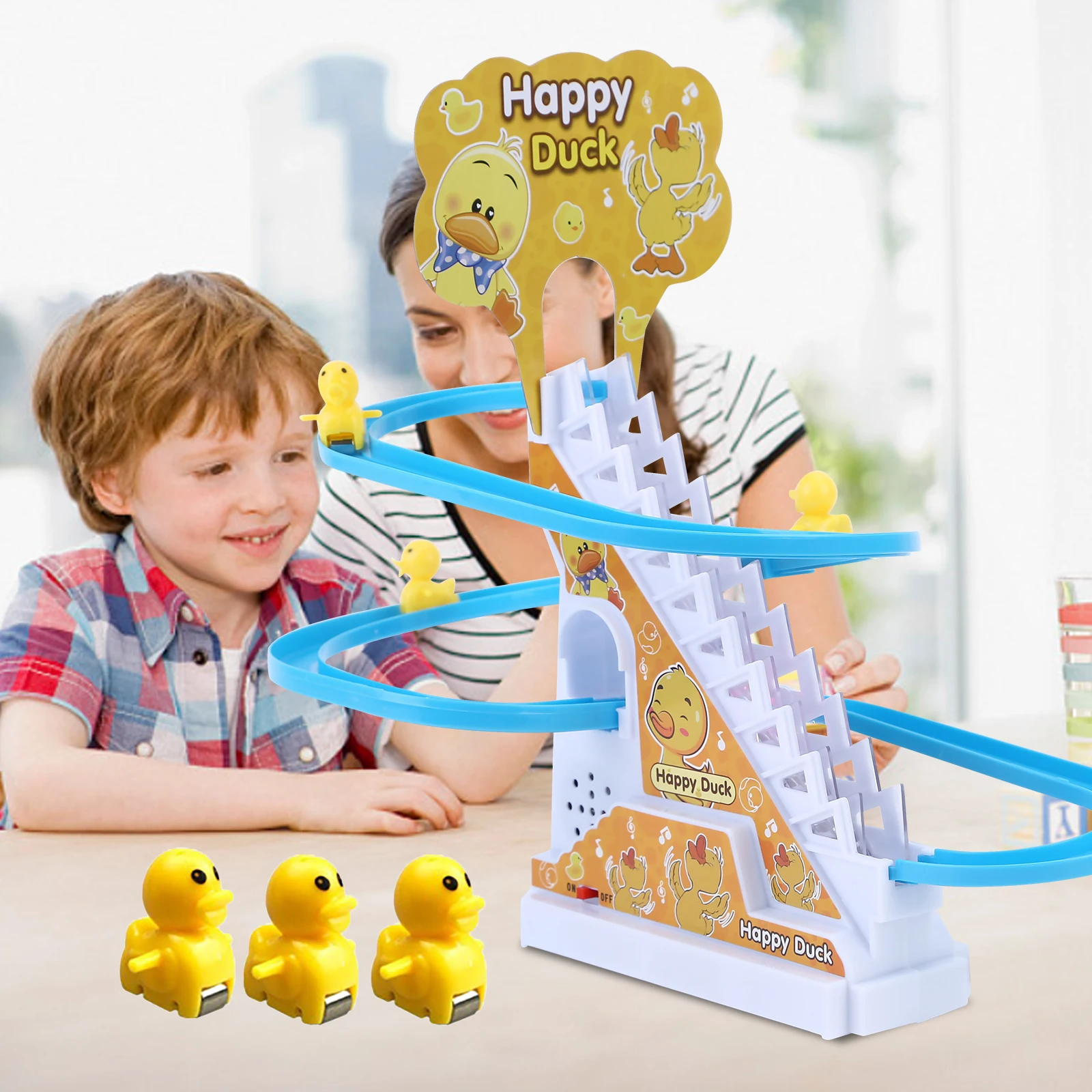 

Американские Горки Электрический утка подъем лестницы и горки Игровой Набор трек игрушки наборы со светодиодным мигающим светом музыка