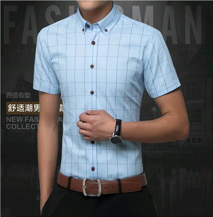 

Casual Shirt Short-Sleeve Slim-Fit Plaid Summer-Style Men's Man Cotton Comfort New-Arrive