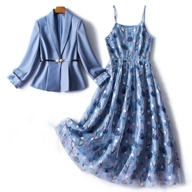 

Women Blazer With Belt + Print Mesh Spaghetti Strap Dress 2 Piece Set 2021 Spring Korean Fashion Ladies Sleeveless Dress Suits